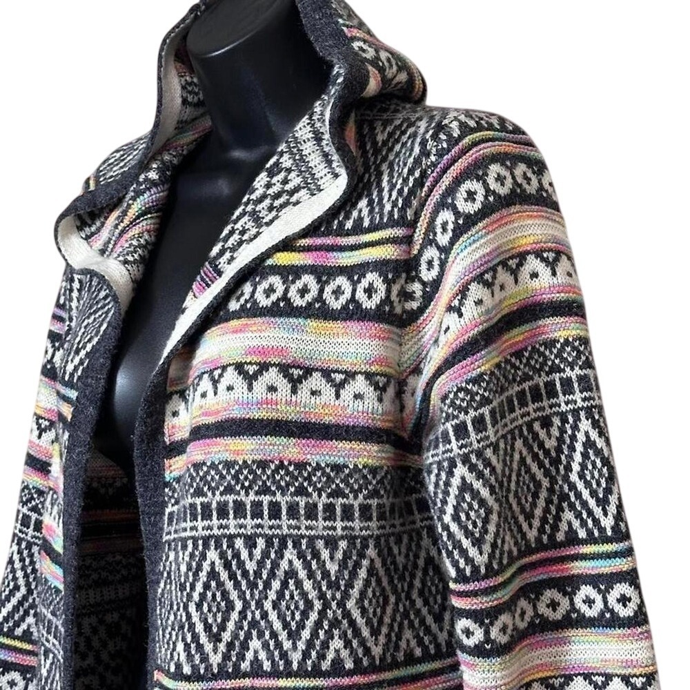Retro Cozy Women's Geometric Long Open Front Hoodie Cardigan with Pockets